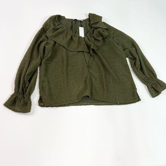 Loft Shirt Top Womens Medium Shimmer Ruffle Green Textured Feminine NEW - Picture 1 of 10